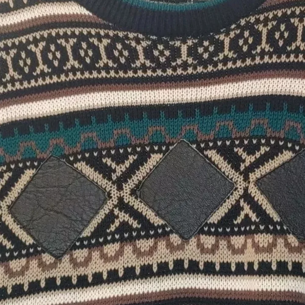 Vtg Impact Sweater Men XL Leather Patches Geometric Eclectic Grampa Ski Crewneck
